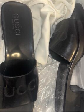Gucci Black Patent Slide Mules with Logo